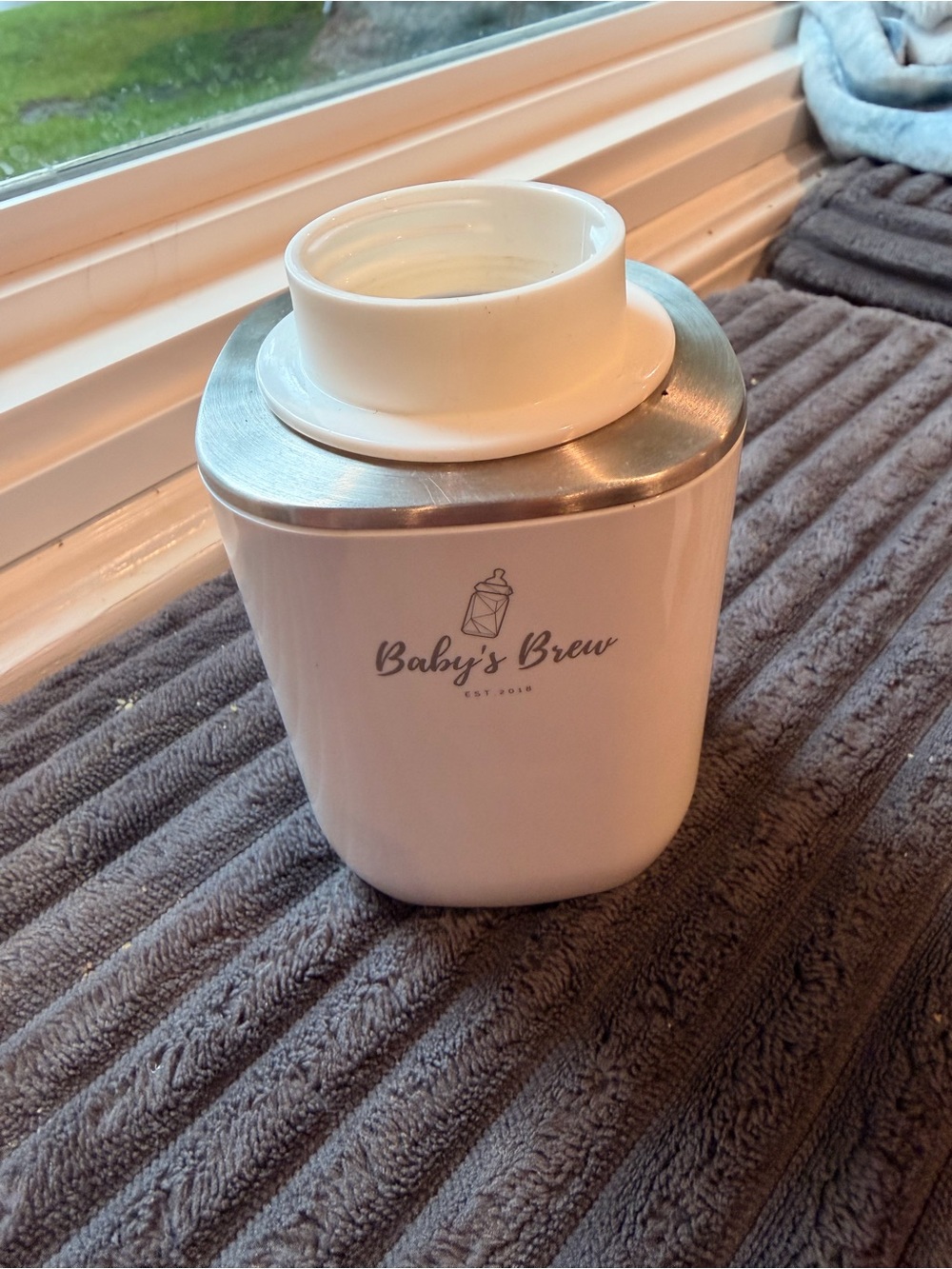 Baby's Brew White Ceramic Bottle Warmer with Stainless Accent
